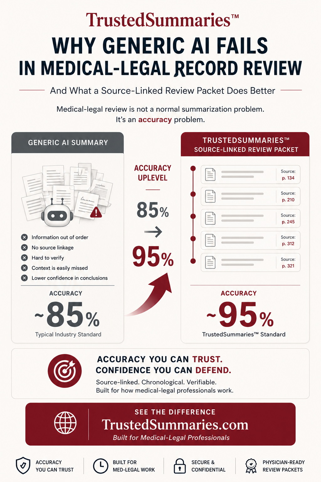 Why Generic AI Fails in Medical-Legal Record Review — infographic comparing generic AI summaries with TrustedSummaries source-linked review packets